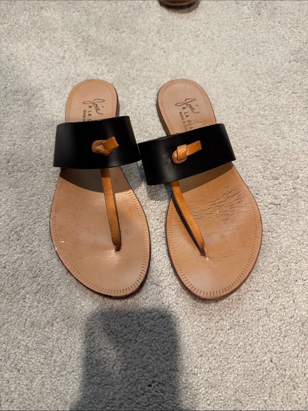Joie Black and Tan Leather Slide Thong Sandals